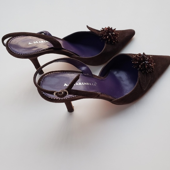 A. Marinelli Brown Suede Swarovski Crystal Flower Slingback Heels Size 6 - Picture 5 of 7